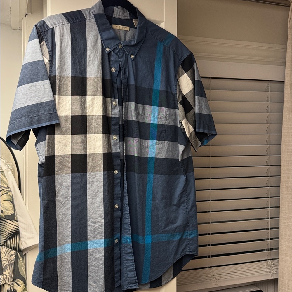 Burberry Blue and Black Checkered Casual Button Down Shirt